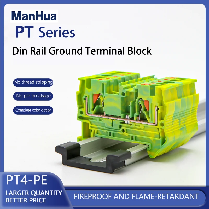 ManHua 10Pcs PT4-PE Din Rail Ground Terminal Block Spring Feed Through Connection Push In PT4-PE Wire Conductor