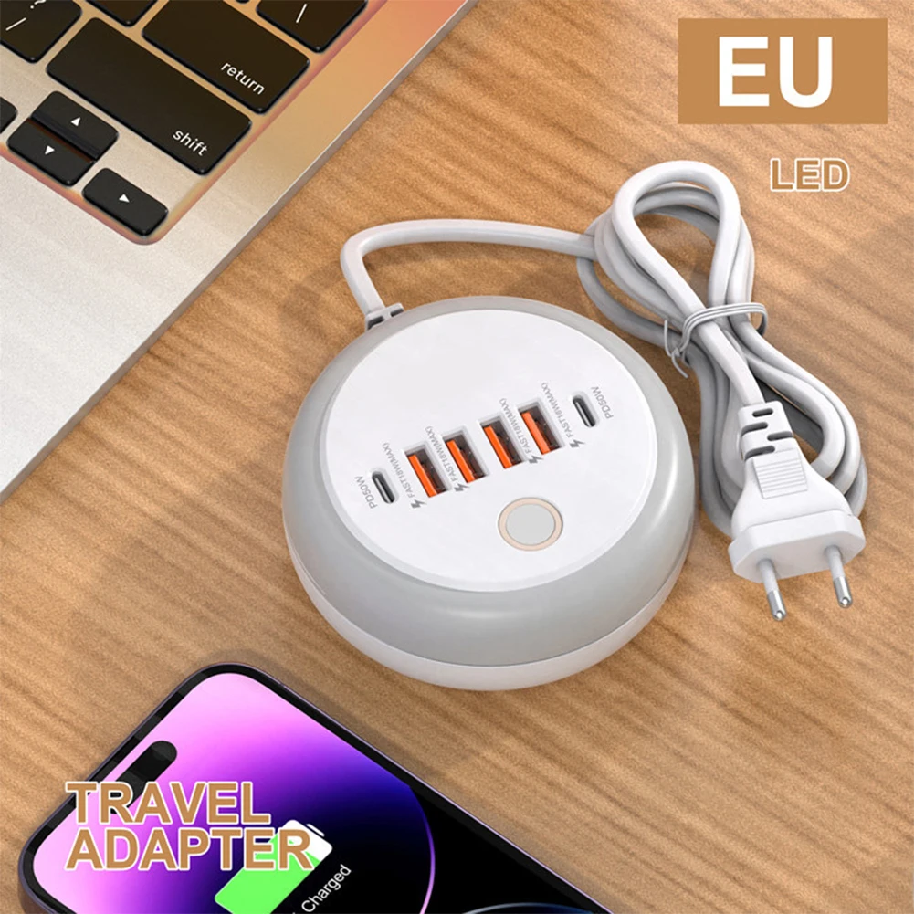 

Адаптер для быстрой зарядки PD20W с сенсорным светодиодным ночником, 2 порта Type-C + 4 USB-разъема для зарядной станции для дома и офиса (ЕС)