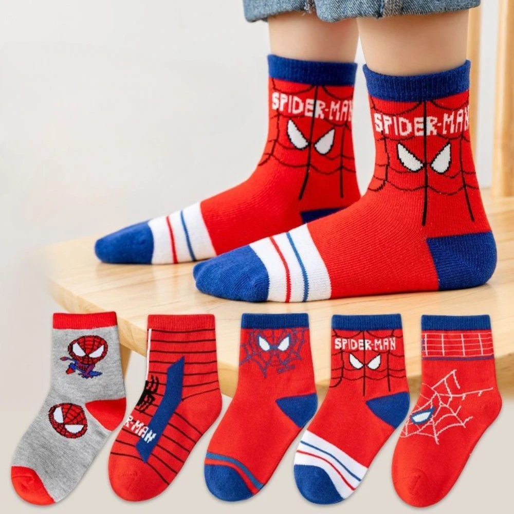 5 Pairs Marvel Children Cute Cartoon Soft Socks Kids Spider Man Fashion Medium tube socks Boys Girls cotton socks 1-12Years