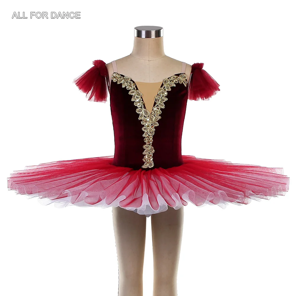 

BLL117 New Arrival of Ballerina Dance Costume Red Velvet Bodice wih Nude V Neck Ballet Pancake Tutu Pre-Professional Tutus