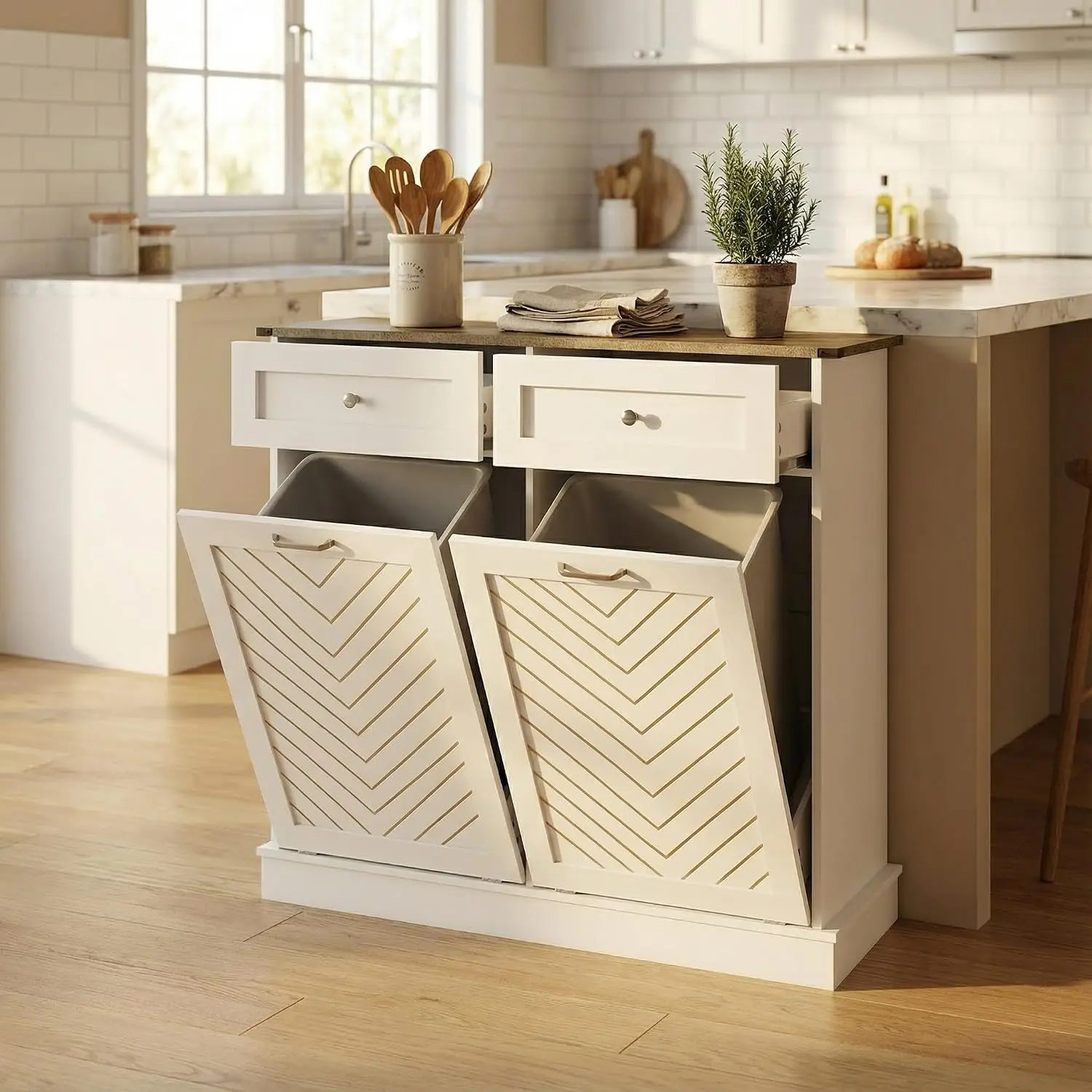 20 Gallon Tilt Out Trash Can Cabinet with Herringbone Design White, Customized