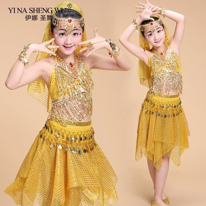Crianças trajes de dança do ventre 2 pçs conjunto dança oriental menina dança do ventre índia bollywood roupas topo e saia para meninas dança wear