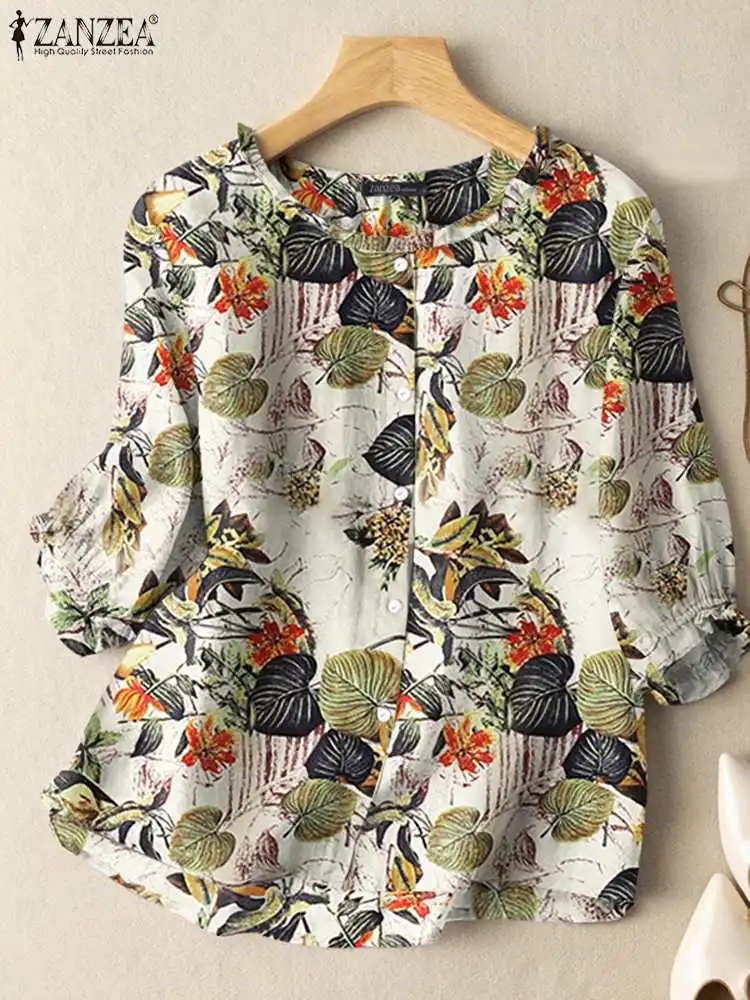 ZANZEA Women Summer O Neck 3/4 Sleeve Tops Casual Bohemian Ruffles Tunic Shirt Work Blusas Mujer Vintage Floral Printed Blouse