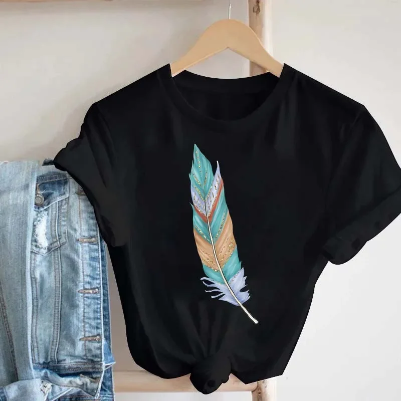 T-shirt femme aquarelle plume graphique imprimé T-shirt femmes à manches courtes T-shirt années 90 Streetwear femme vêtements hauts