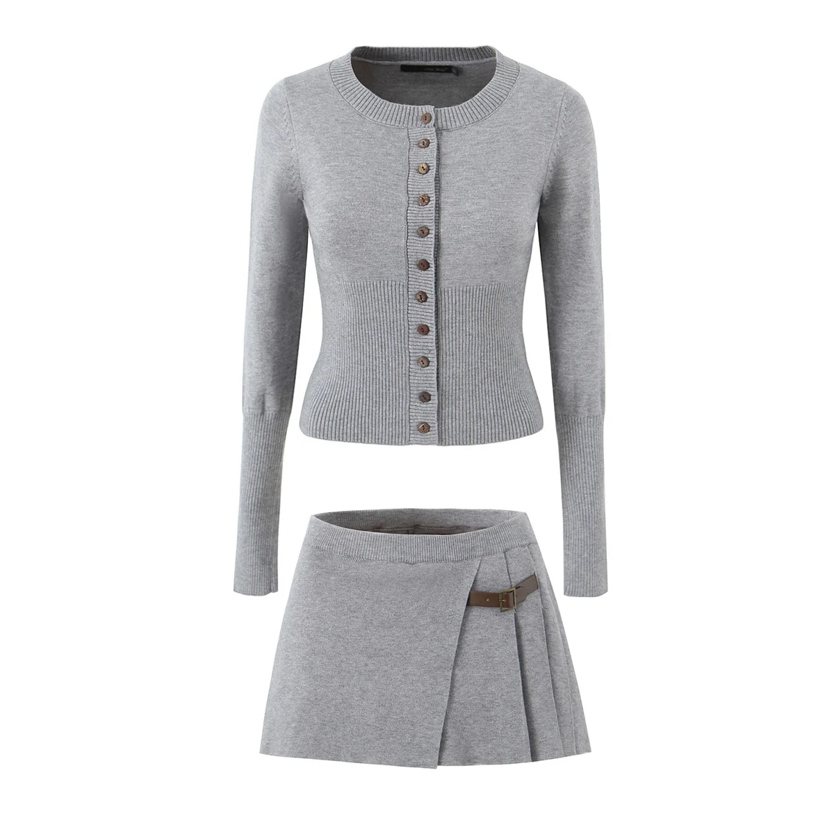 2 pieces 1 set Crew Neck Single-breasted Buttons Knitted Cardigan Short Sweater Elastic Waist Pleated Slit Hem Mini Skirt Suits