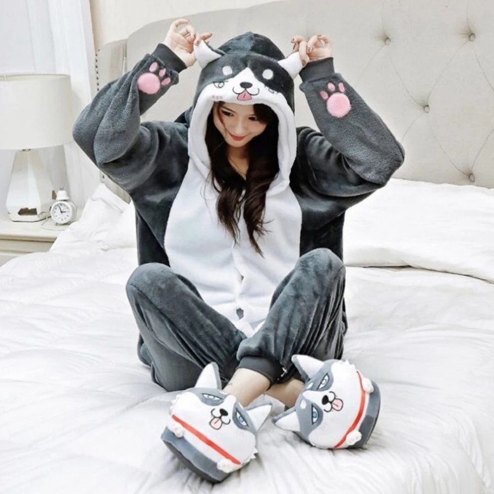 

Winter Animal Pajamas Onepiece Adult Teenagers Women Cute Cartoon Kigurumi Dog Onesies Funny Flannel Warm Sleepwear Jumpsuit New