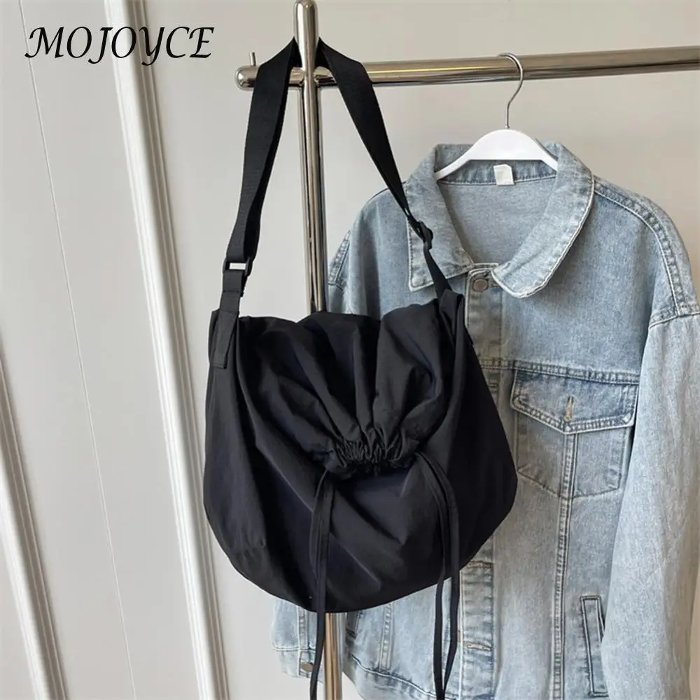 Women Drawstring Shoulder Bag Solid Color Drawstring Sling Bag Adjustable Strap Lightweight Shopping Bag Girls Outdoor Bag