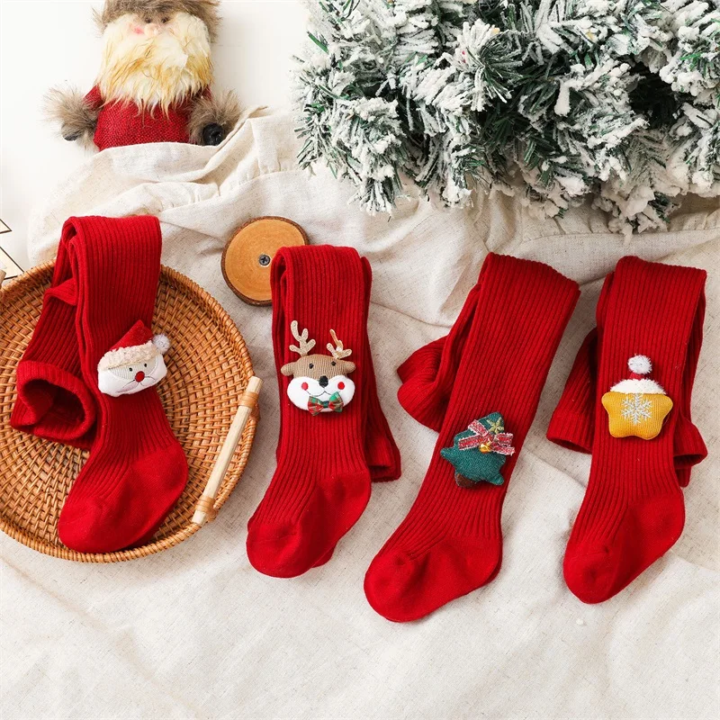 Girls Tights Winter Toddler Baby Soft Warm Knit Leggings Elastic Band Elk Santa Decorated Pantyhose Socks Warm Stockings