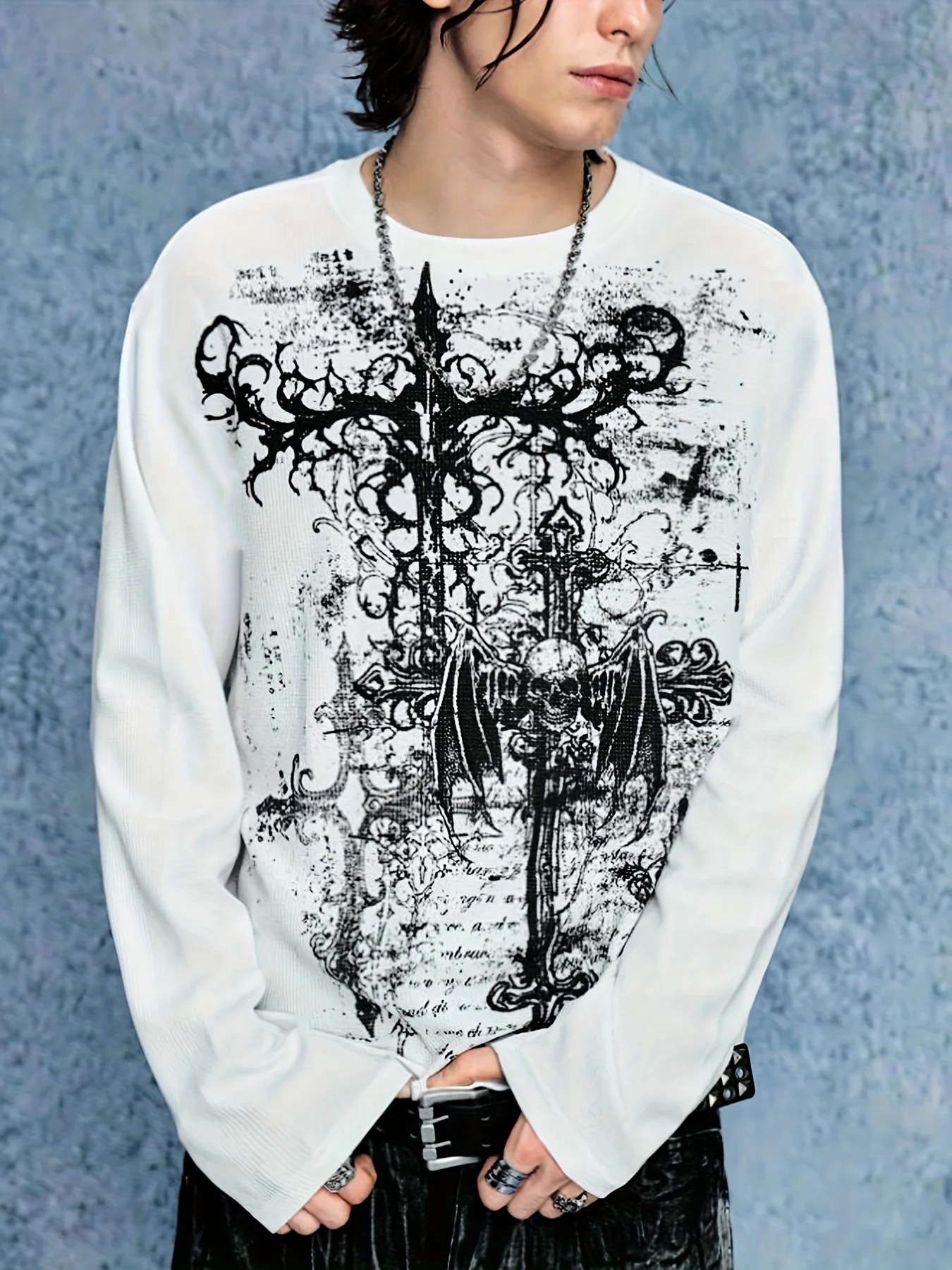 Men's T-shirt Crew Neck Long Sleeve Gothic Cross Skull Wing Vintage Graphic Print Loose Punk Streetwear Autumn Tops