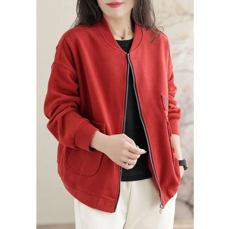 New Spring and Autumn Fashion Round Neck Zipper Cardigan Baseball Suit Loose Versatile Age Reducing Casual Short Women\'s Coat