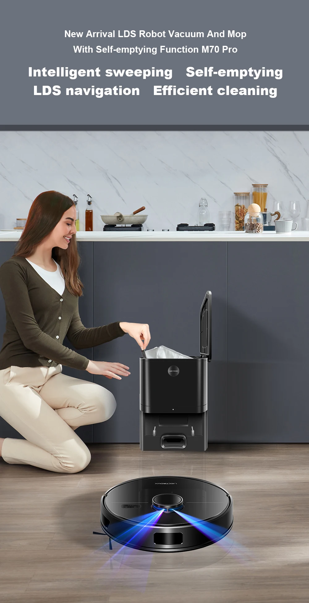 Wet Dry Cleaning,Self Empty,Multi-floor Map,6500Pa,Carpet Boost,Max.175Mins Run，LDS Robot Vacuum Cleaner & Mop Liectroux M70 Pro