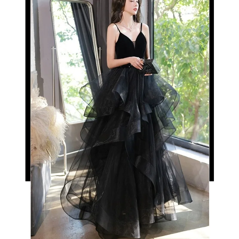 Черное элегантное вечернее платье для женщин, новый стиль 2025 года, вечернее платье в сказочном стиле, сексуальное платье знаменитости, осенний сексуальный ремешок