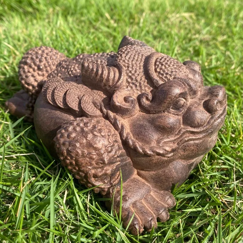 Hand Carved CyprHand Carved Wood Wooden Three Legged Money Toad Figurine - Feng Shui Wealth Prosperity Lucky Charm Ornament