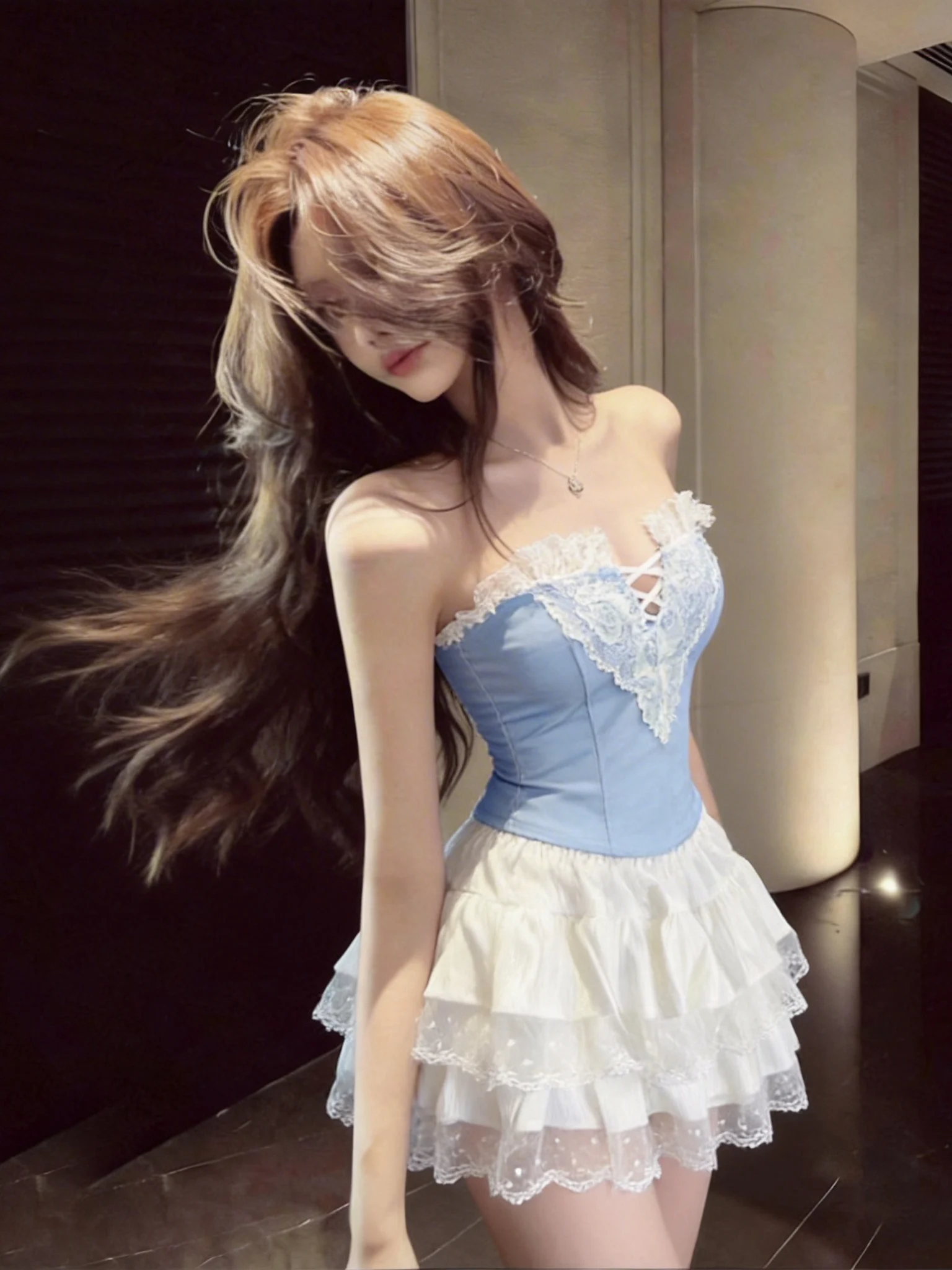 

Sweet Style Lace Splice Cross V-neck Crop Top And Short Skirt Two-piece Set for Young Women Summer Fashion Outfit