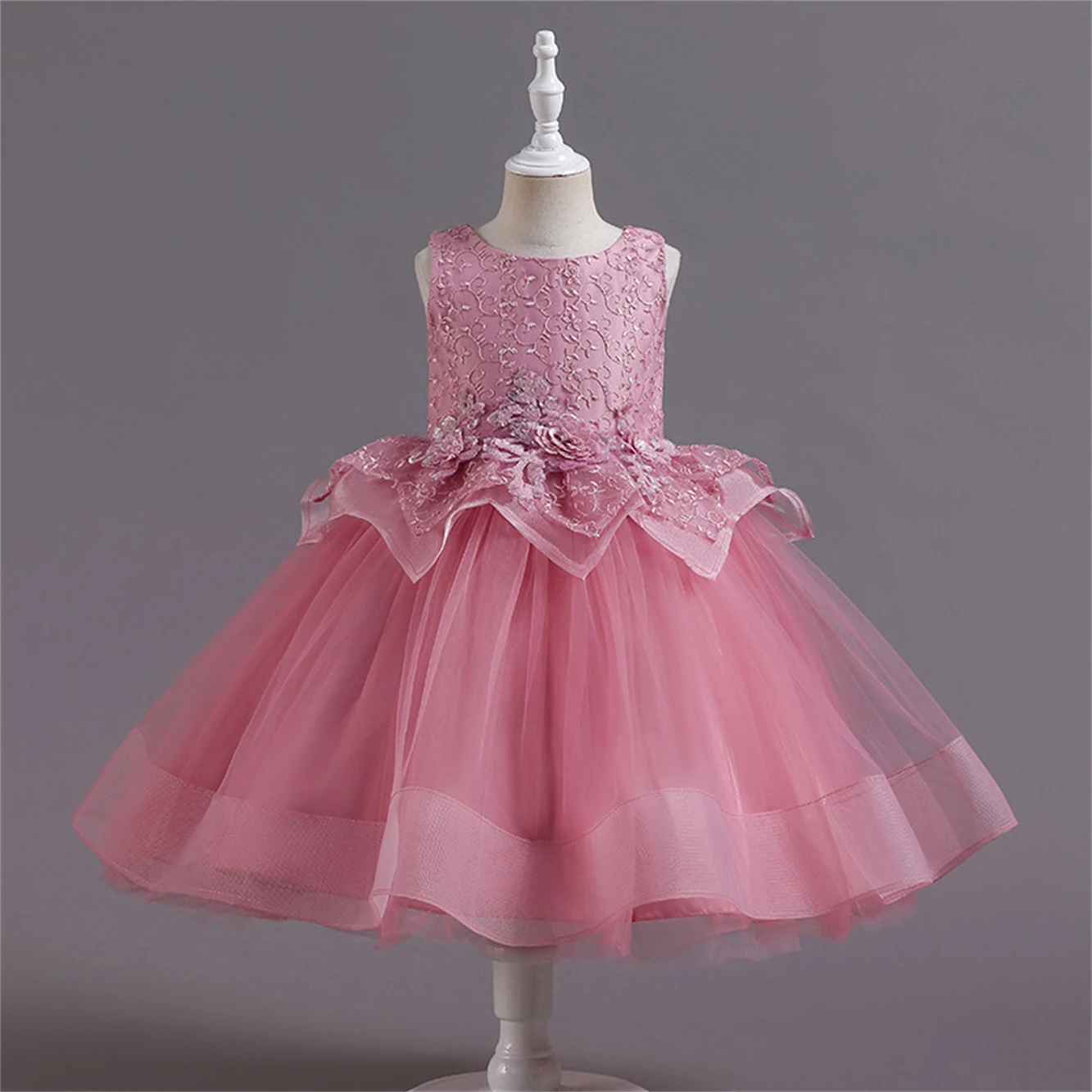 

Girls Dress Embroidered Beaded Lace Mesh Tutu Performance Costume Evening Dress