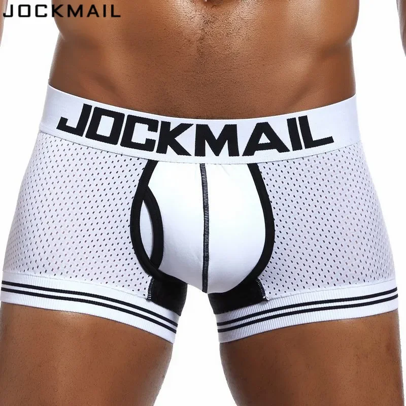 JOCKMAIL Brand Men Mesh Underwear Boxers calzoncillos hombre Gay Sleepwear Cueca Boxer Breathable Crotch Cotton Panties shorts