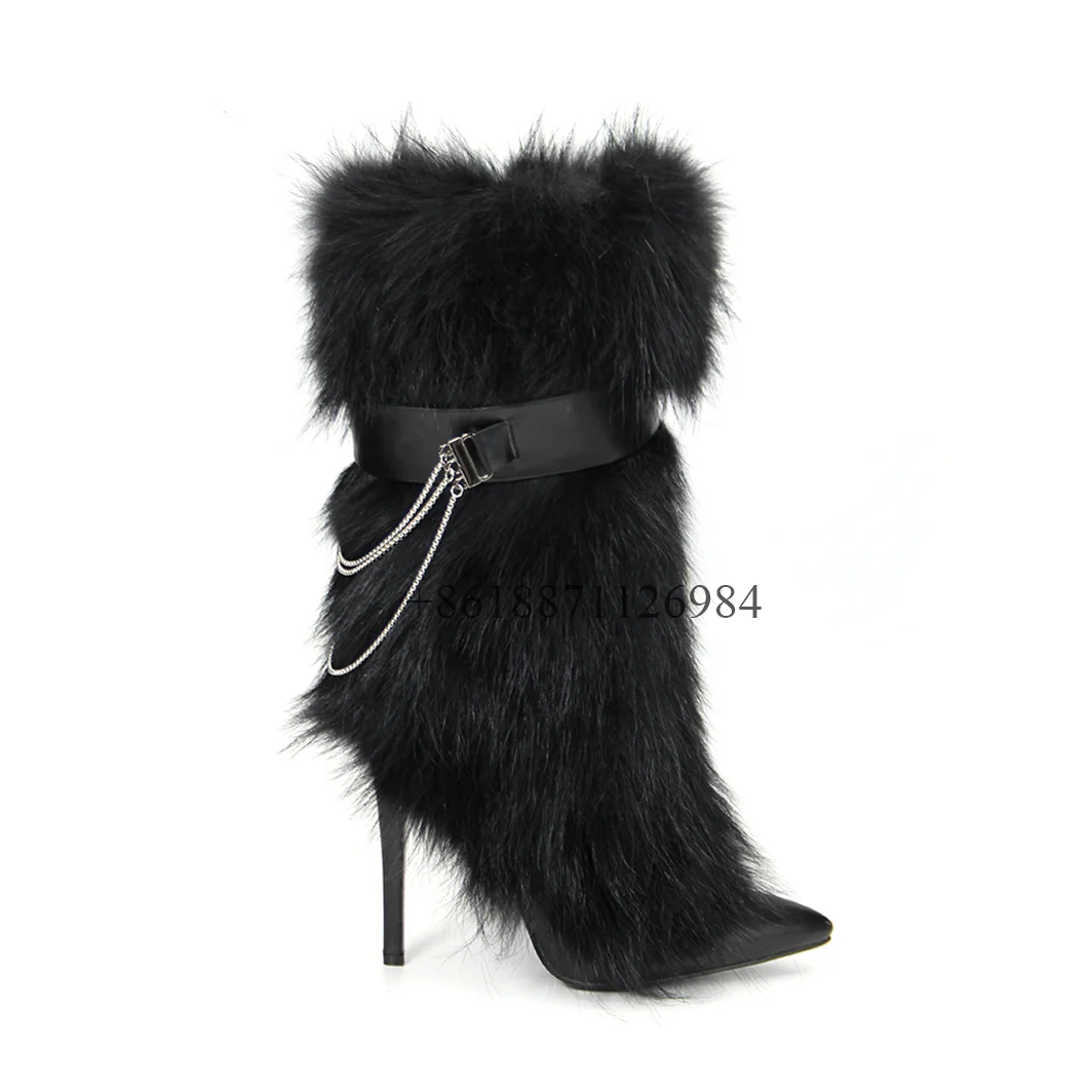 Pointy Toe Knee High Fuchsia Chain Fur Boots Sexy Luxury Women leather Thin High Heel Buckle Booties Fashion Pink Ladies Shoes