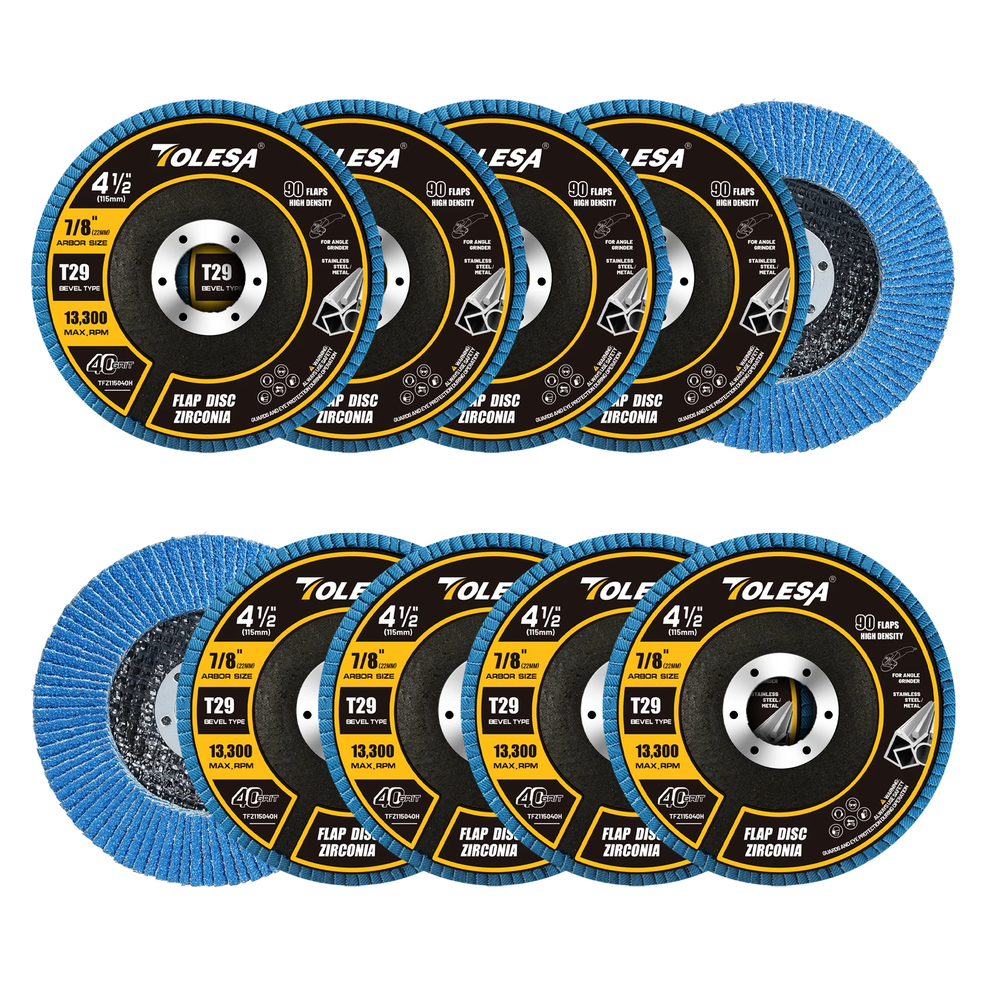 TOLESA Zirconia Flap Discs 40/80 Grit, 4-1/2 x 7/8-Inch Type 29 10-Pack, High-Density 90 Flaps Fast Material Removal, 13300 RPM