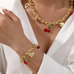 A set of copper inset zircon drop cherry strawberry pendant, including necklace and bracelet, suitable for women's daily wear
