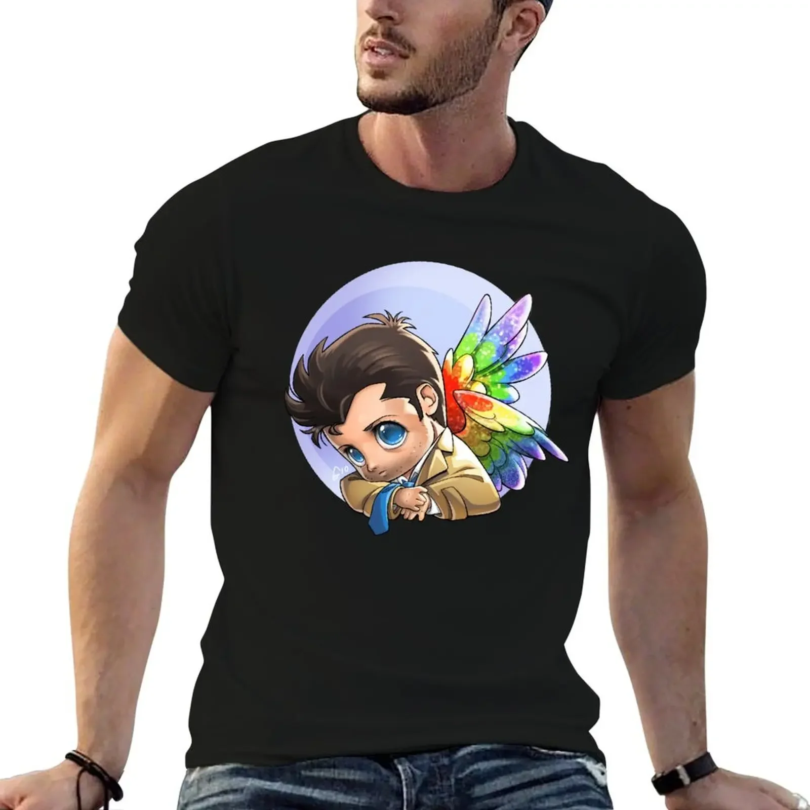 Glitter-Rainbow Wings Castiel T-Shirt oversized t shirt boys animal print mens graphic t-shirts funny