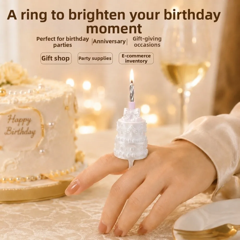 3D Cake Shape Cake Ring Candle Holder Plastic Silk Finish Finger Ring Candle Stand Romantic Novelty Surprise Ring Prop