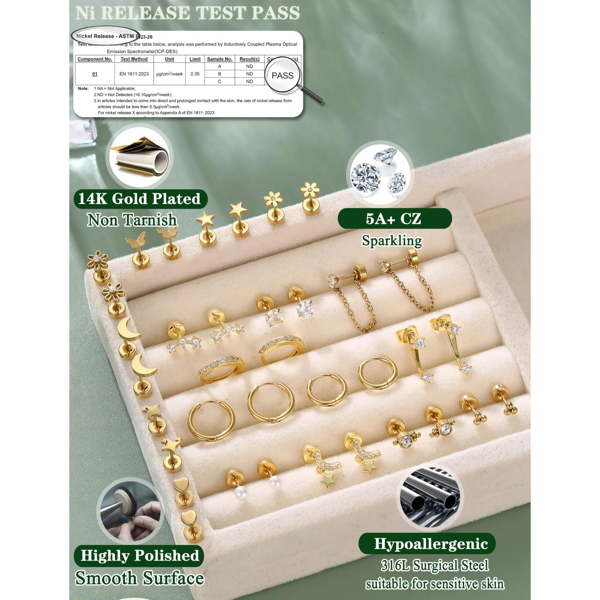 18 Pairs Hypoallergenic Flat Back Earrings Cartilage Earring Stacks 14K Gold Plated Surgical Steel, Dainty Small Hoops Earrings Set for Sensitive Ears Women's Jewelry Gift - view 4