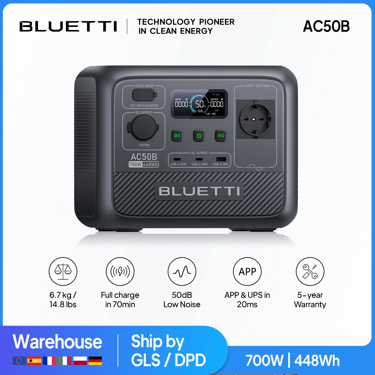 US Plug BLUETTI AC50B 700W 448Wh Portable Power Station LiFePO4 Battery Backup Fast Charging Solar Generator Camping Road Trip