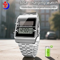 Reloj Digital Solar para hombre, cronógrafo Retro, correa de acero inoxidable, relojes electrónicos deportivos multifuncionales impermeables