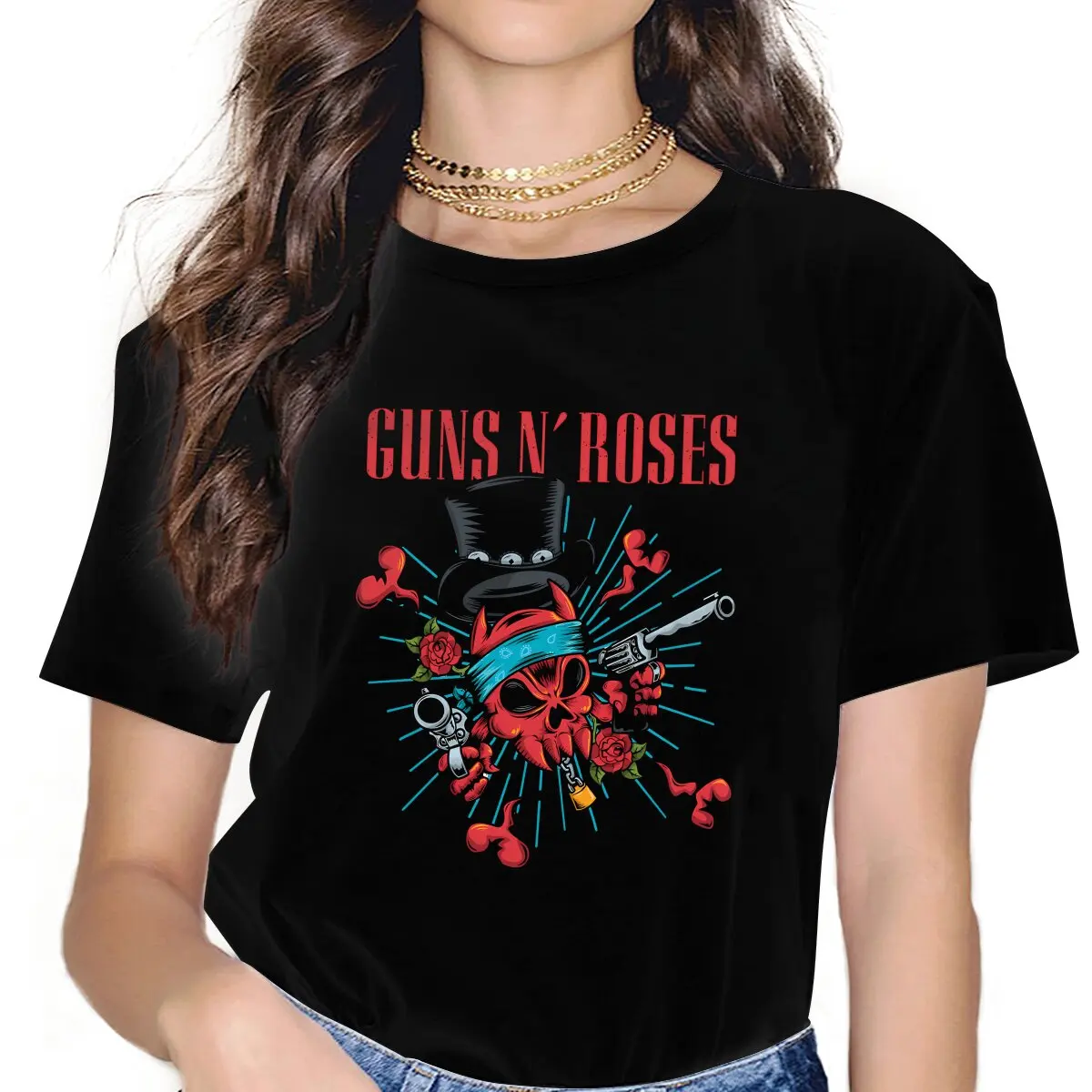 Pistolety i róża Heavy Metal koszulka poliestrowa dla kobiet Humor czaszki letnia koszulka T Shirt nowość modne — zdjęcie 6