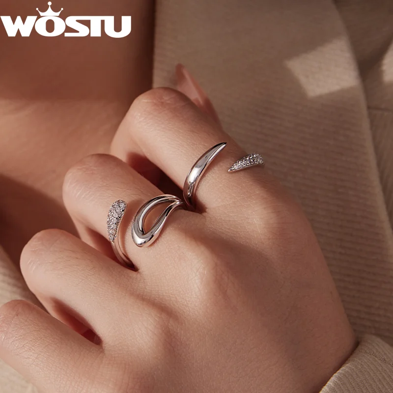 WOSTU Minimalist Geometric Ring For Women ,  White Gold Plated Adjustable Zircon Rings Inlaid Anti-Allergy Wedding Jewelry