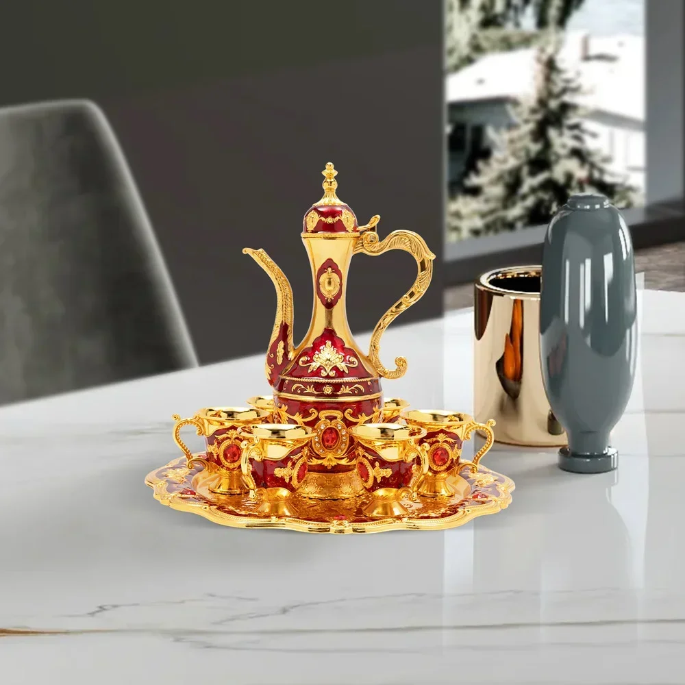 

【Vintage Style 6-Piece Turkish Coffee Set】Large Capacity Traditional Brewing Kit with 6 Luxury Cups, Perfect for Stovetop Use