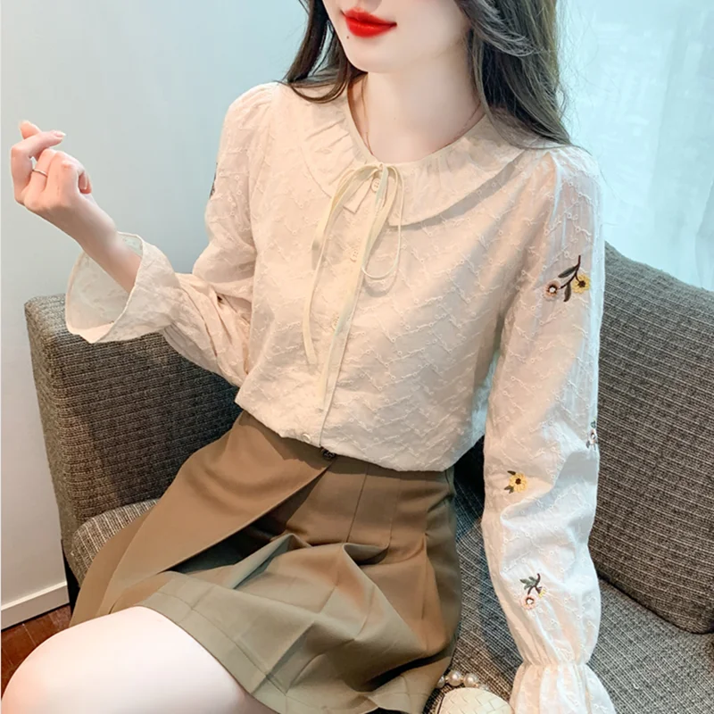 

Spring Long Sleeve Doll Collar Chiffon Shirt Women's Autumn Fashion Simple Match Ladies Blouse French Style Loose Fit Button ...