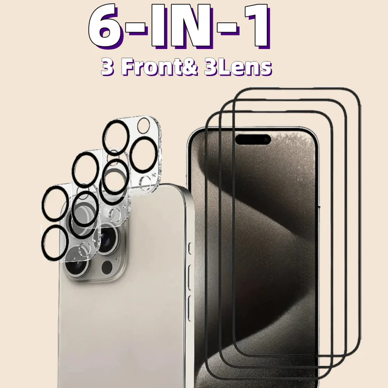 

Пленка из закаленного стекла HD 6 в 1 подходит для iPhone 17 17Pro Air 16/16e/16 Pro Max/Защитная пленка для переднего экрана с 3 пленками для объектива камеры