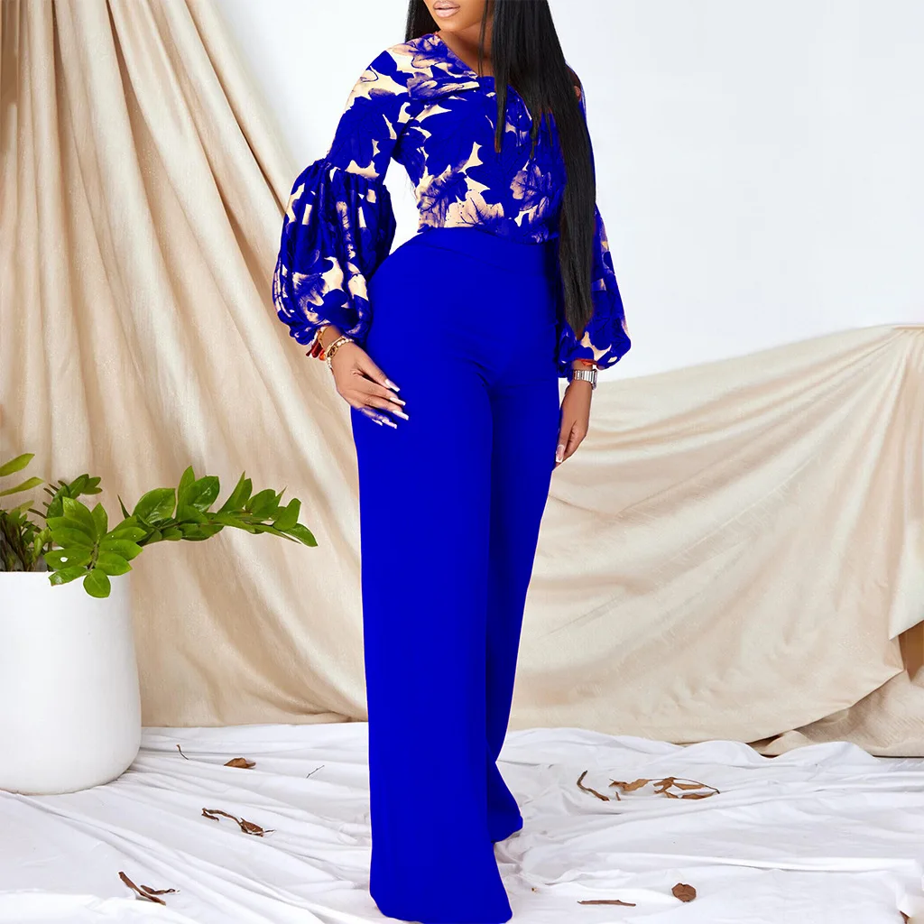 Women's Suit Large Women's New Fashion Print Strap Top Fashion Long-sleeve Woman Blouse 2024  Wide Leg Pants Two Piece Set image 3