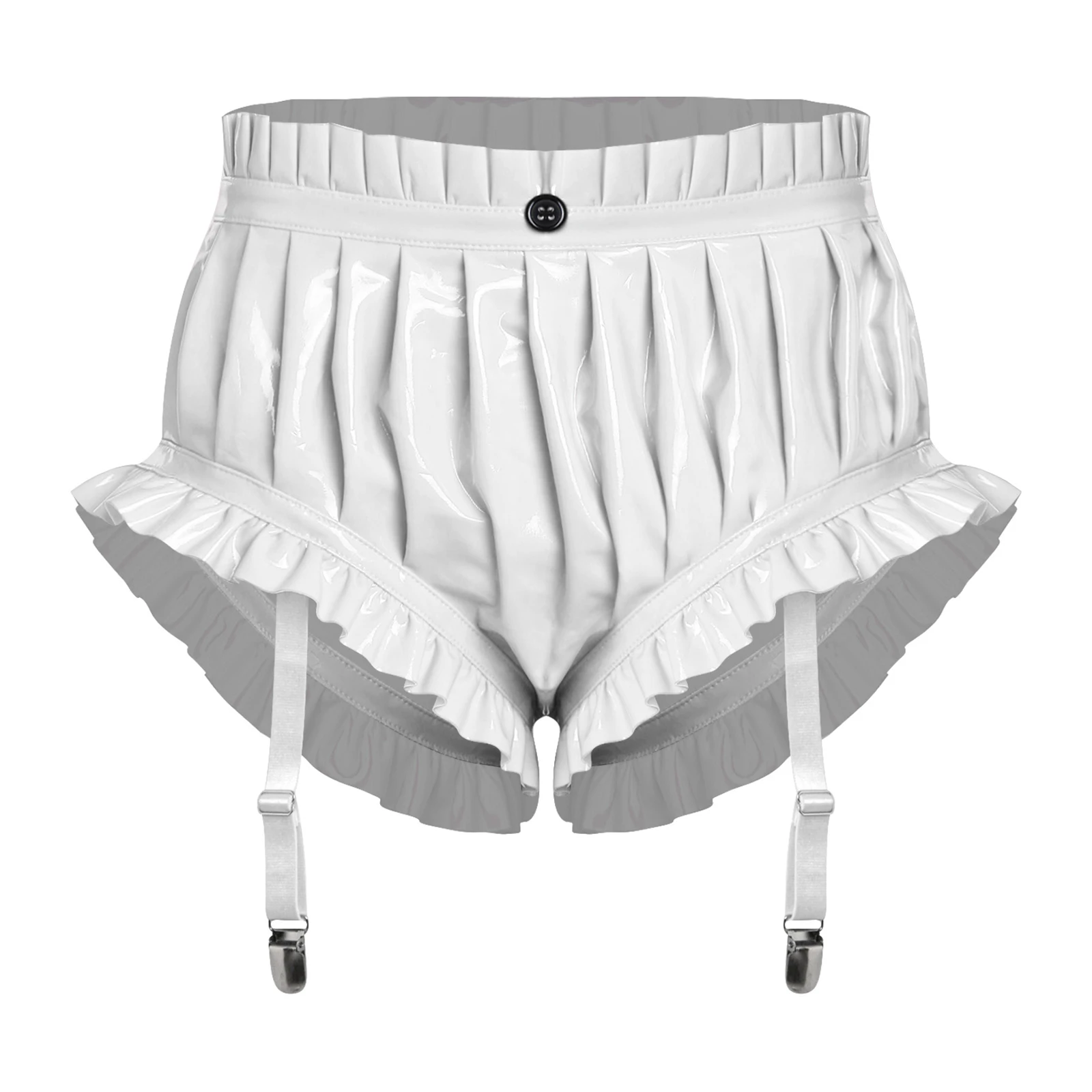 

Women Sexy Wet Look PU Leather Shorts Ruffled Trim Ruched Bloomer with Garter Clips High Waist for Club Party Night Casual Home