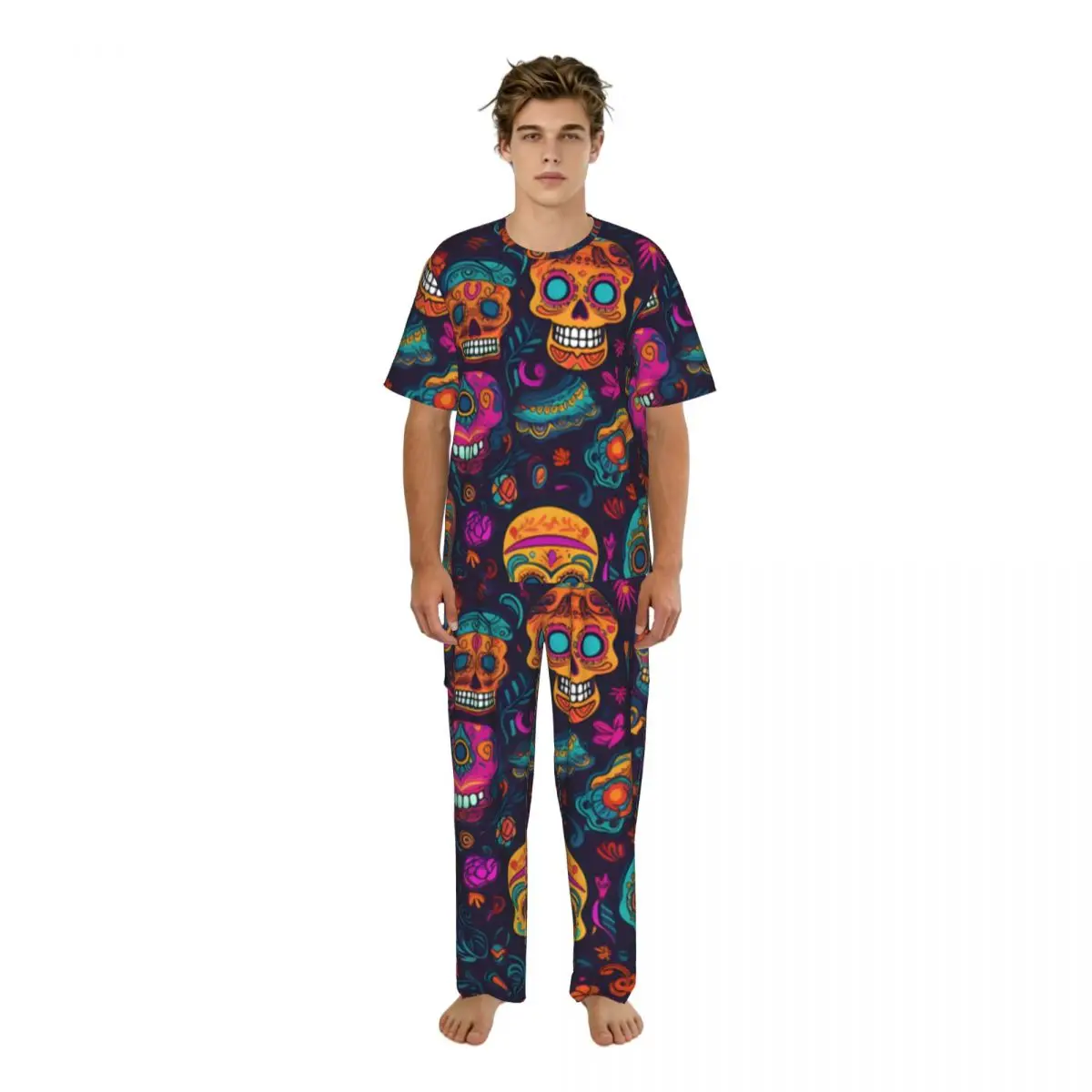 

Men's short-sleeved pajamas two-piece trousers Colorful Skulls With Flowers Day Of The Dead Print home wear suit sleepwear