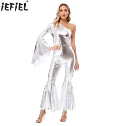 Adult Womens Shiny Sequins 70s Hippie Costume Latin Jazz Dancing Gymnastics Jumpsuit Bell-bottom Long Pants Performance Costume