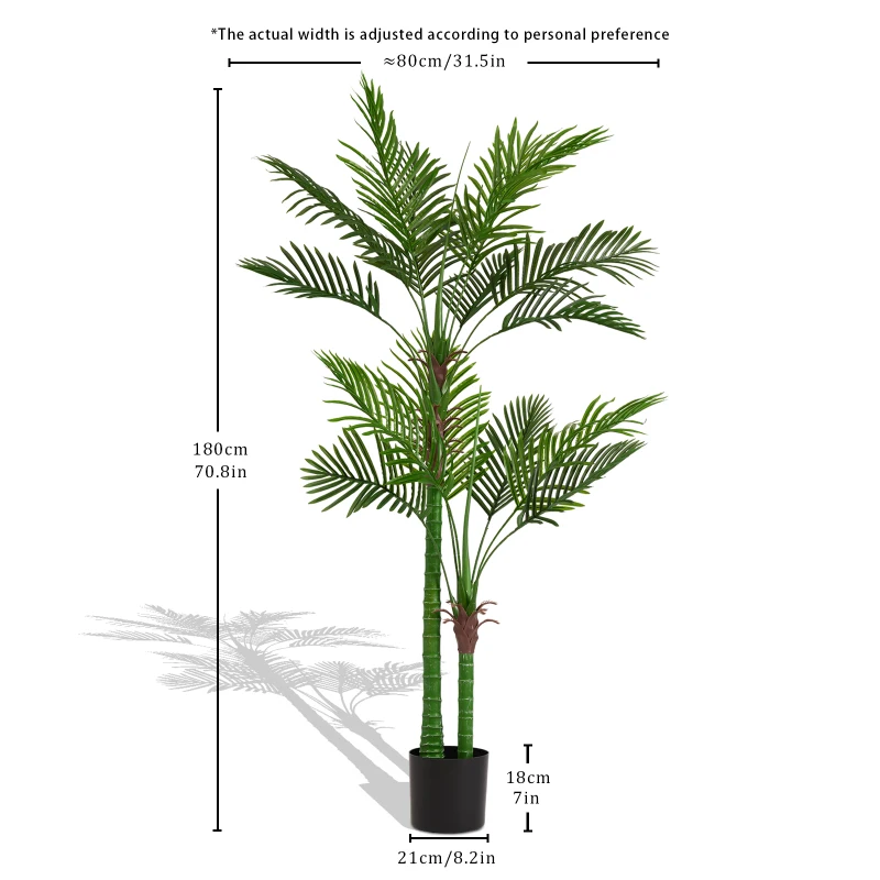 Artificial Golden Cane Palm Tree, 180cm Tall Faux Areca Palm Plant in Pot for Indoor or Outdoor Home and Office Decor, Adjustabl