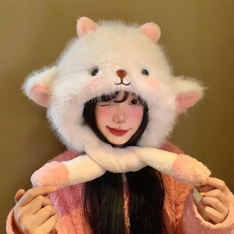 

Sweet 1Pieces Women's Winter Cute Thick Warm Ear Protection Hat With Moving Ears Cartoon Plush Hat Mountaineering Scarf