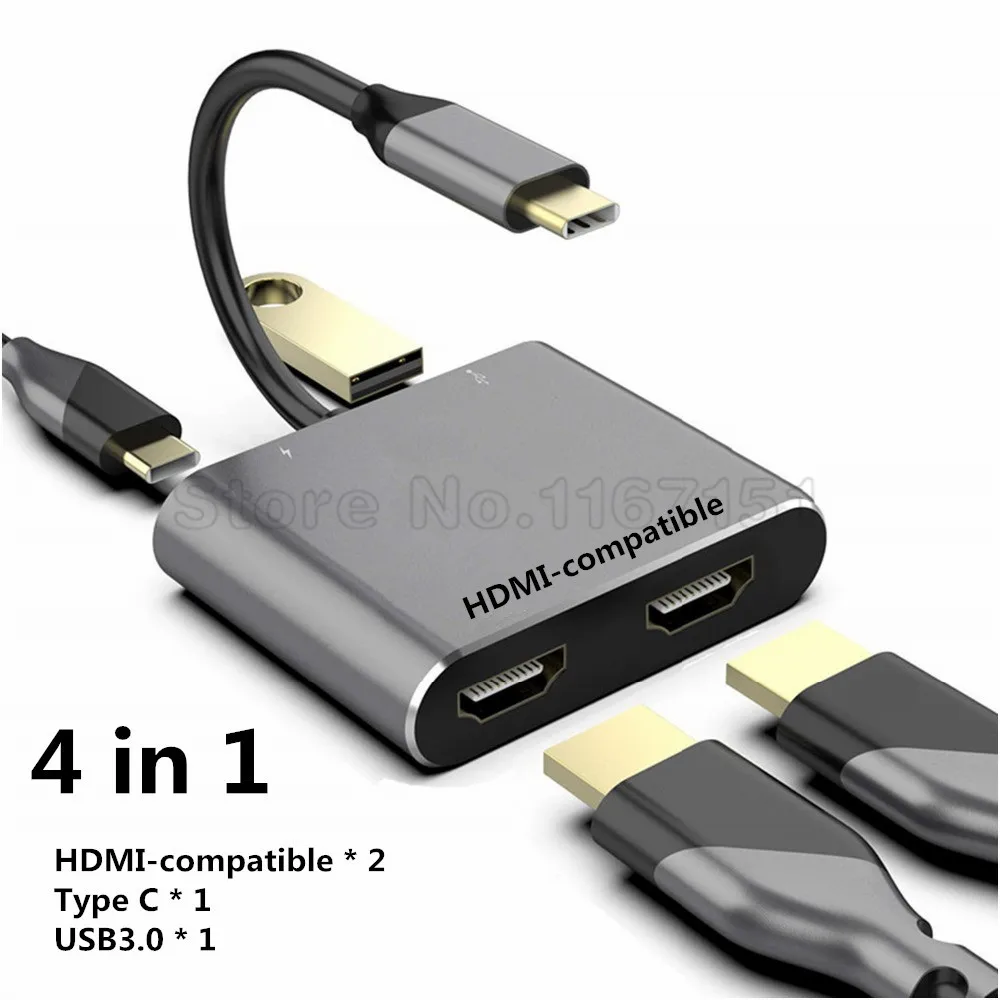 

4 в 1 USB-адаптер типа C к двойному HDMI 4K Type-C к HDMI-конвертер видеодисплея с двойным экраном PD USB 3.0 HUB для MacBook