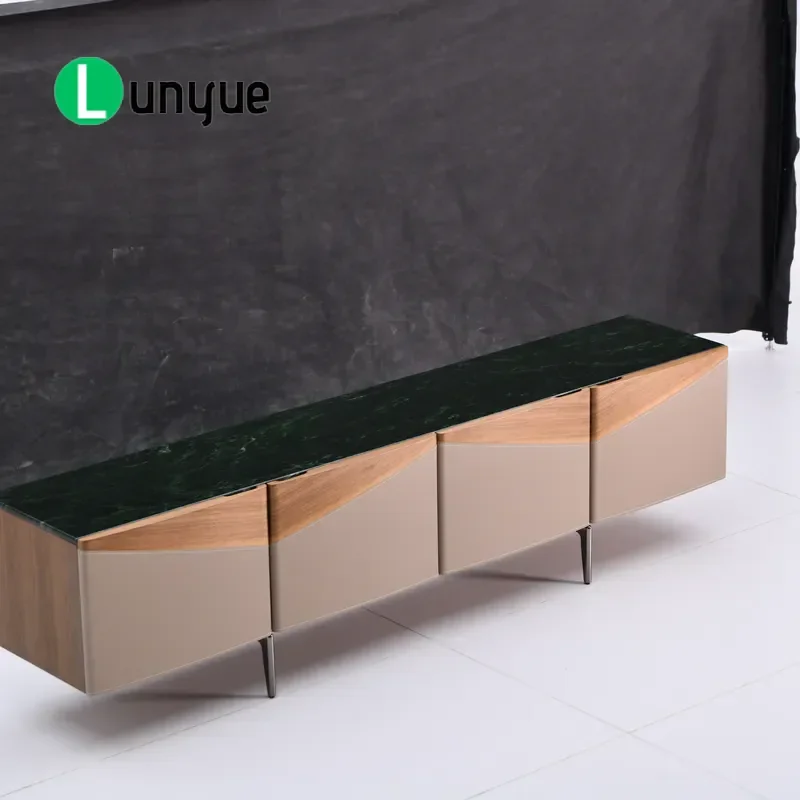 Modern Luxury Marble Top TV Cabinet Saddle Leather Finish Villa Living Room Furniture High End Storage Console Table