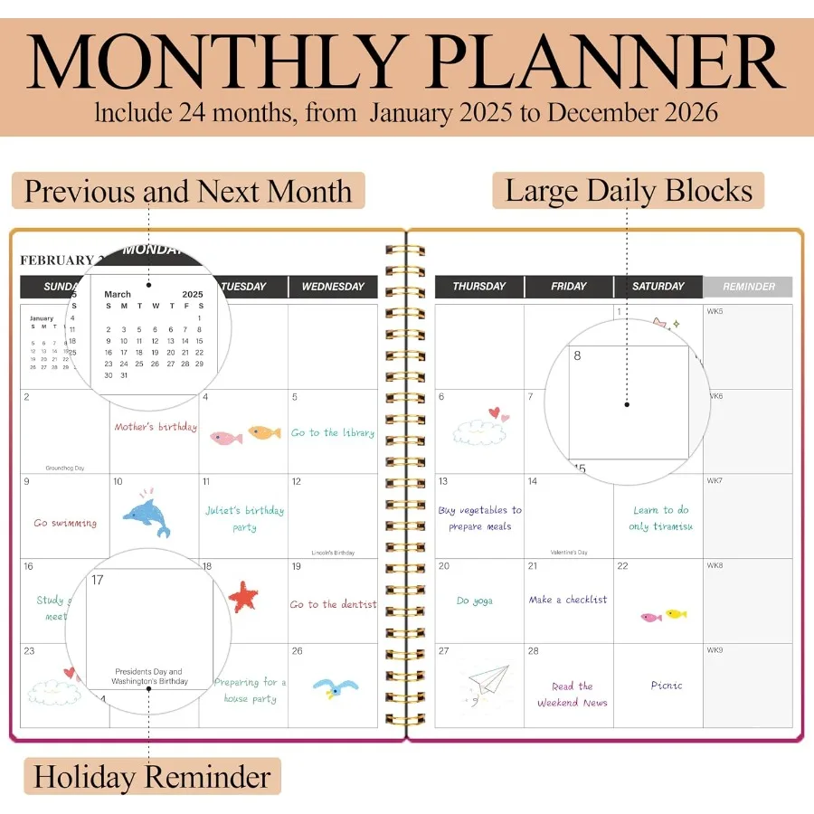 สมุดวางแผนรายเดือน 20252026 ปฏิทิน 24 เดือน มกราคม 2025-ธันวาคม 2026 สมุดวางแผนรายเดือน 20252026 พร้อมปกกันน้ำแบบคู่