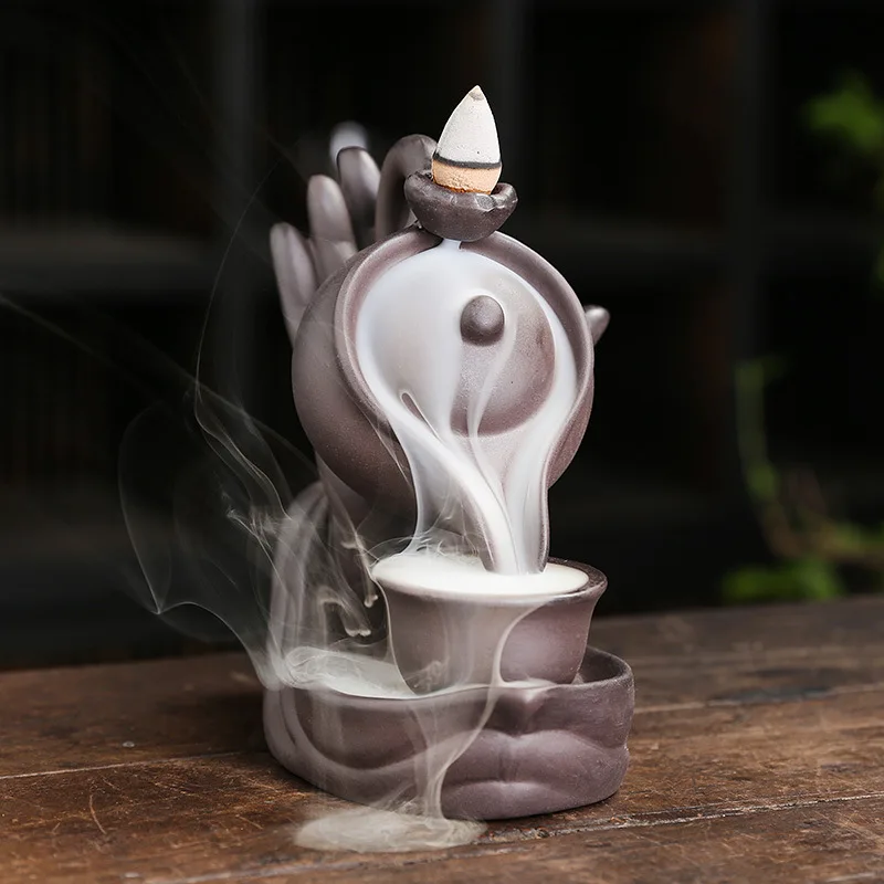 Backflow Incense Burner Waterfall Incense Burner Ceramic Backflow Incense Cones Stick Holders Buddha Hand Fountain Ornament