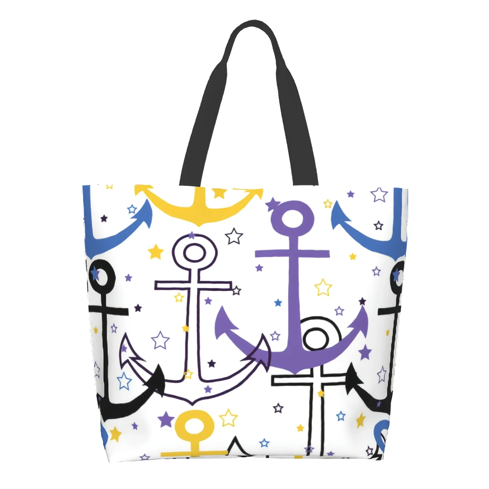 Blue Nautical Anchors Black White Multicolor Stars Celebration Canvas Tote Bag for Women Weekend Kitchen Reusable Grocery Bag