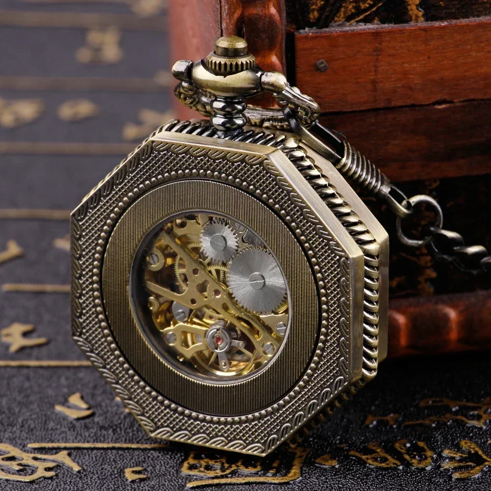 Reloj de bolsillo mecánico Hexagonal clásico Retro, cadena FOB Steampunk, esfera romana, esqueleto, reloj de bolsillo de acero hueco dorado para hombre