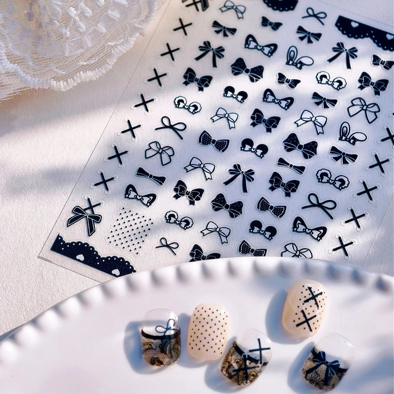 

French Black Bowknot Ribbon Shiny Rhinestones Gold Silver Pearl Leopard Print Bow Tie Star Love Heart Nail Art Stickers Decals