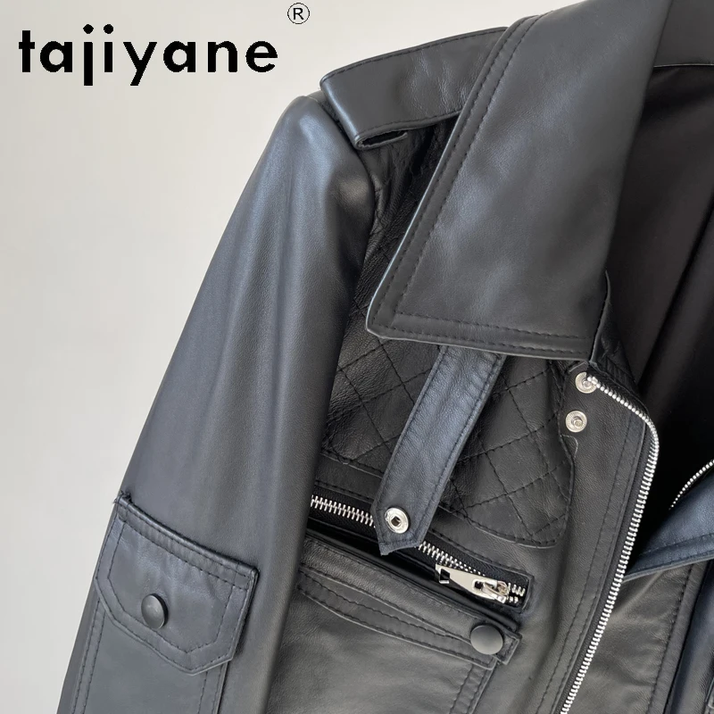 Tajiyane-Blouson en Cuir group pour Femme, Manteau en Peau de Mouton, Fermeture Éclair, Lacets, Moto