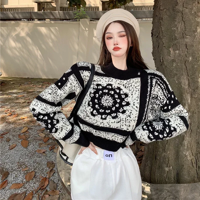 Women\'s Sweater Graphic Short Knit Tops for Woman Crop Pullovers Round O Neck Long Sleeve Crochet Korean Style Winter 2024 Sale