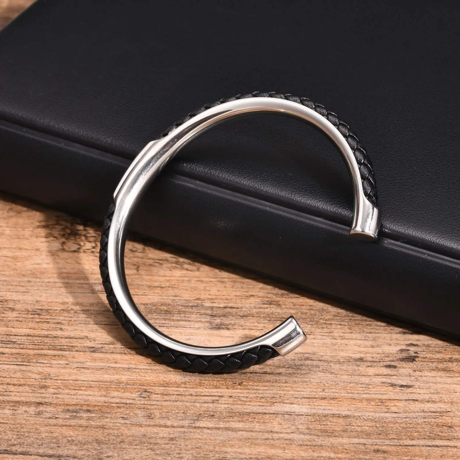 Vnox Luxury Mens Bangle,Black PU Leather Cuff Bracelets, Adjustable Open Stainless Steel Bracelet Gift