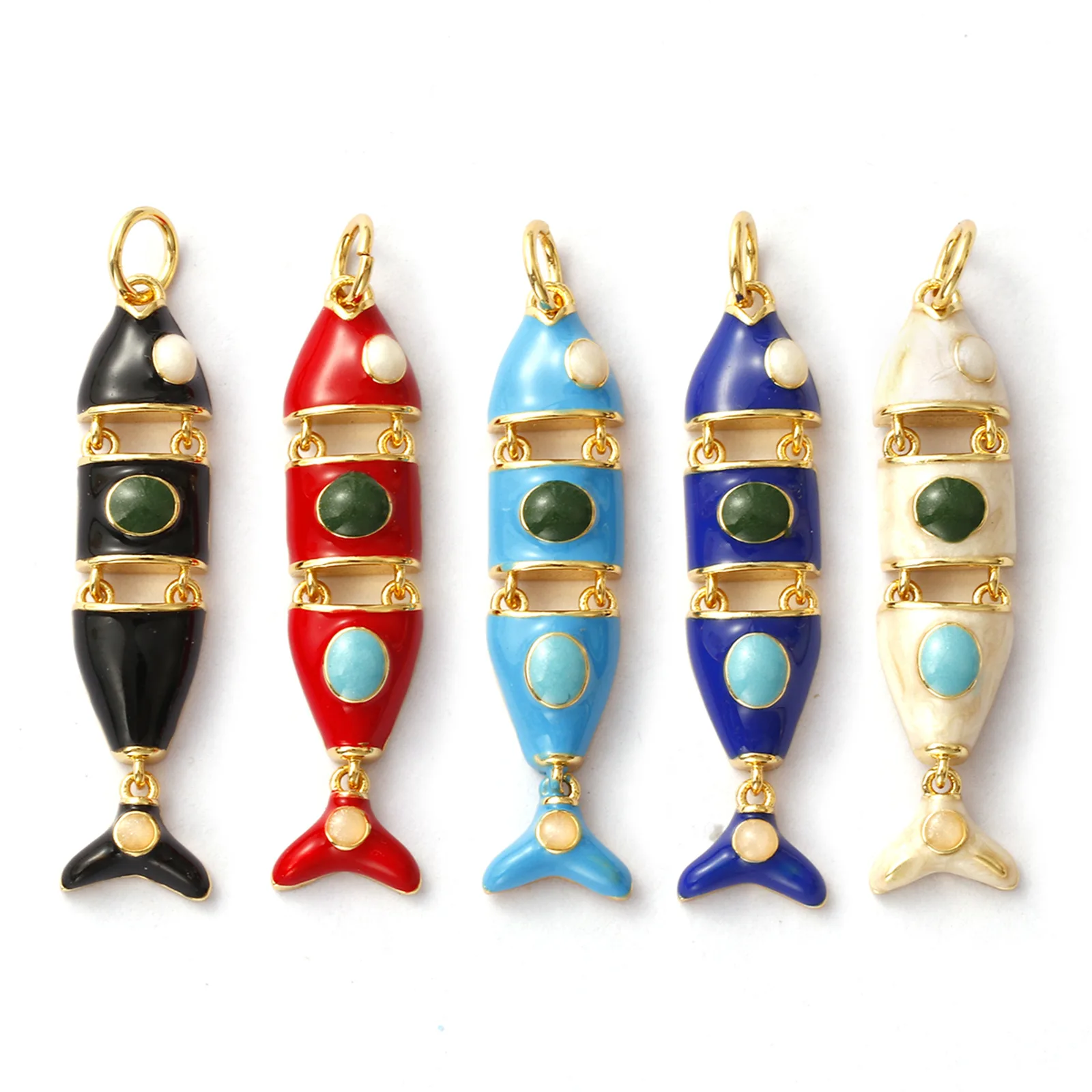 1 Piece Movable Brass Ocean 3D Enamel Fish Animal Charm Pendant 18K Gold Plated For Necklace DIY Making 3.6x0.8cm